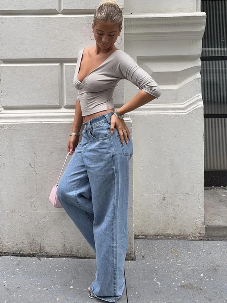 JULISSA MO Sexy Deep V-neck Side Slit Women T-shirt Apricot Short Sleeve Y2k Short T-shirt Female Spring Slim Casual Streetwear 3