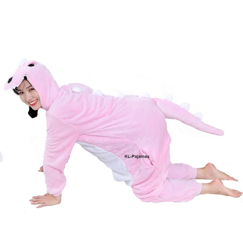 

Funny Pink Dinosaur Pajamas Set Adult Kigurumi Onesie Winter Warm Animal Hooded Cartoon Onepiece Women Girls Sleepwear Jumpsuit