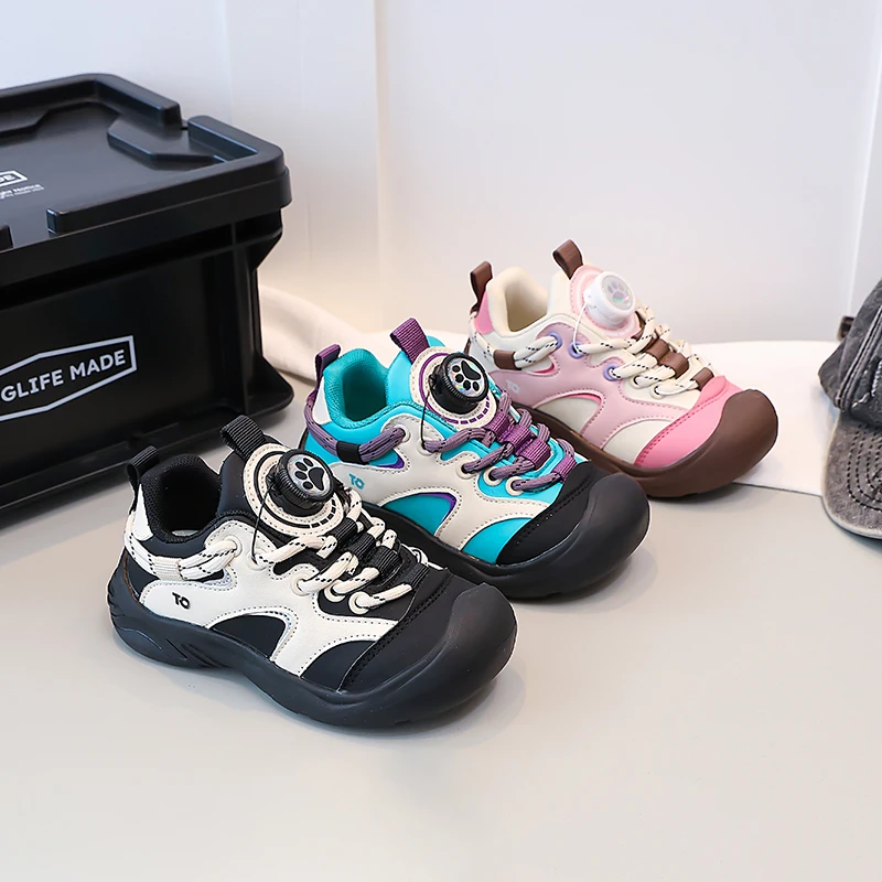 Kids Casual Shoes Toes Capped Rotating Button Boys Girls Tennis Shoes Soft Bottom 2025 Autumn New Children Sports Shoes Soft