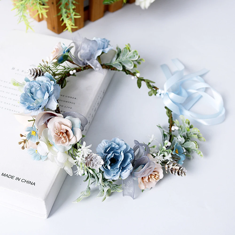 Flower Crown Wreath Bride Garland with Ribbon Communion Wreath Handmade Headband Headpiece Fairy Tiaras Wedding Hair Accessories