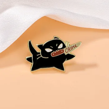1pc Cute Cartoon Black Cat Enamel Brooch Creative Animal With A Knife In Mouth Lapel Pin Badge Backpack Clothing Hat Accessories 1