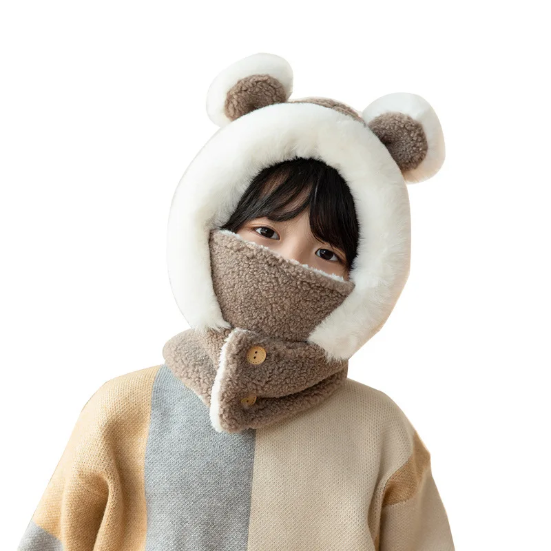 New Children's Hat Cartoon Bear Ear Flags Pullover Cap for Boys and Girls' Baby Winter Hats Scarf Kids Plush Warm Cute Fur Cap images - 6