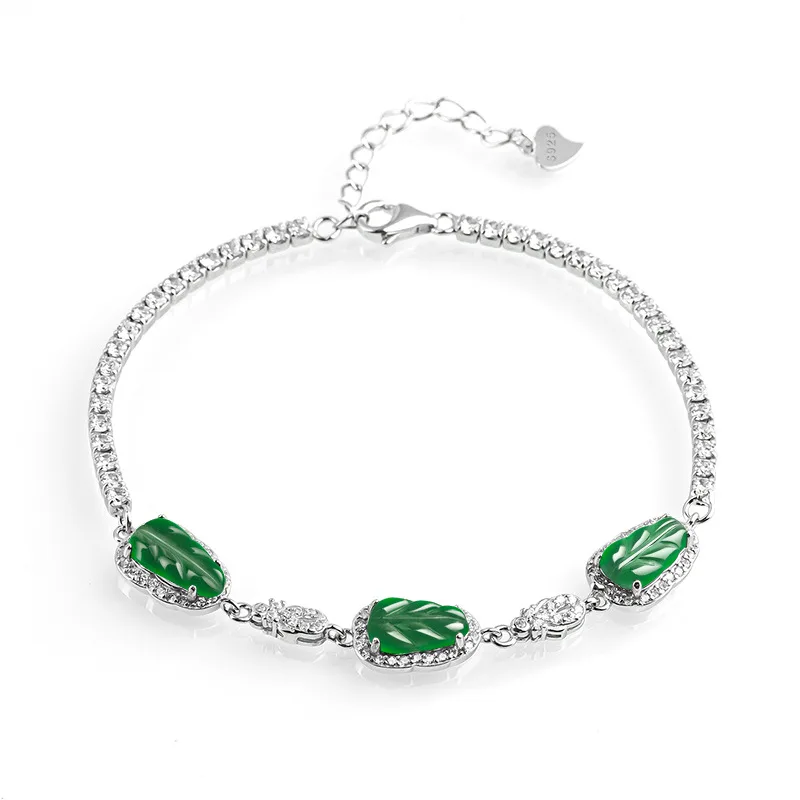 

Natural A-grade Jade Sun Green Leaf Bracelet S925 Silver Inlaid Ice Jade High grade Women's Handwear