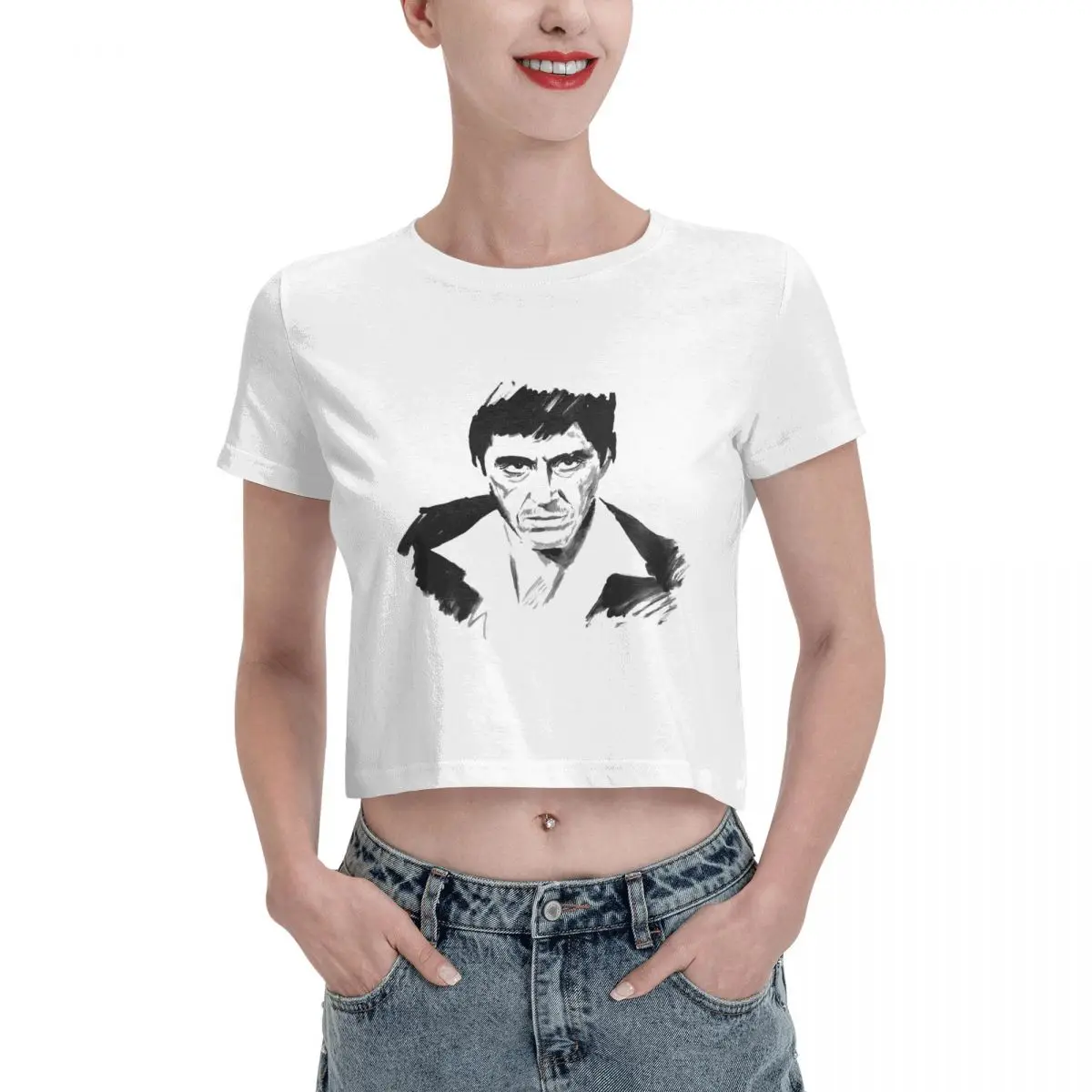 Movie Scarface Tony Montana Graphics Tshirt Cartoon Graphic Tees Female Crop Top,Leak navel T-shirt