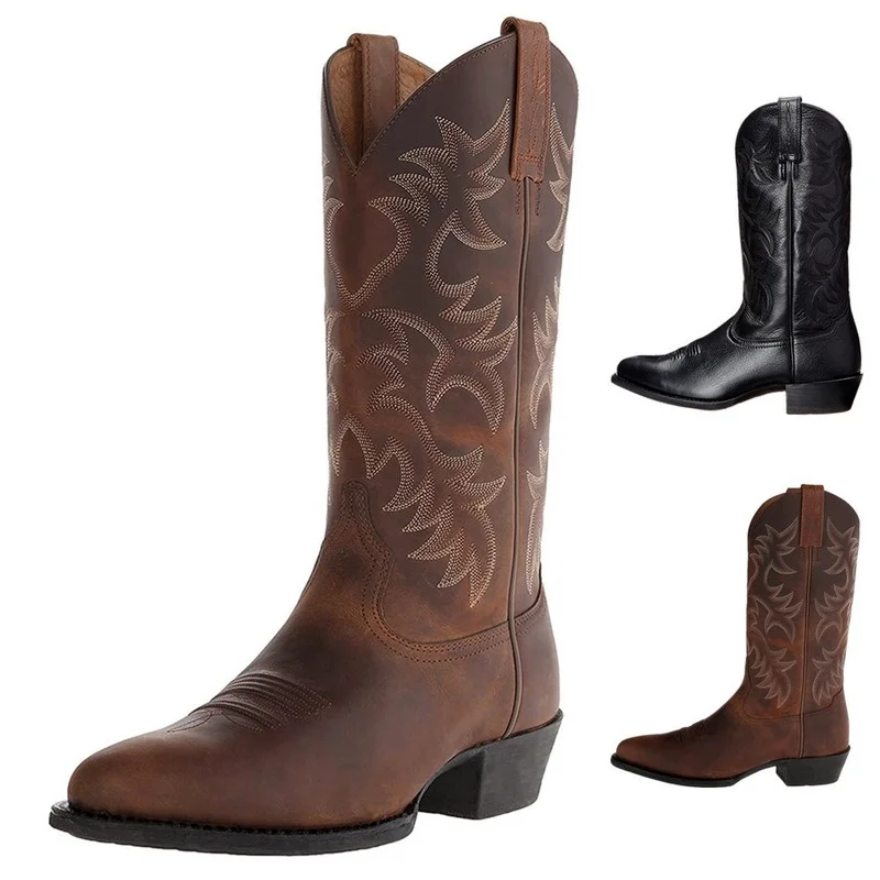 

Top Quality Tall Embroidered Retro Sleeve Men's and Women's Wide-Headed Western Cowboy Boots Size 38-48 Men Boots