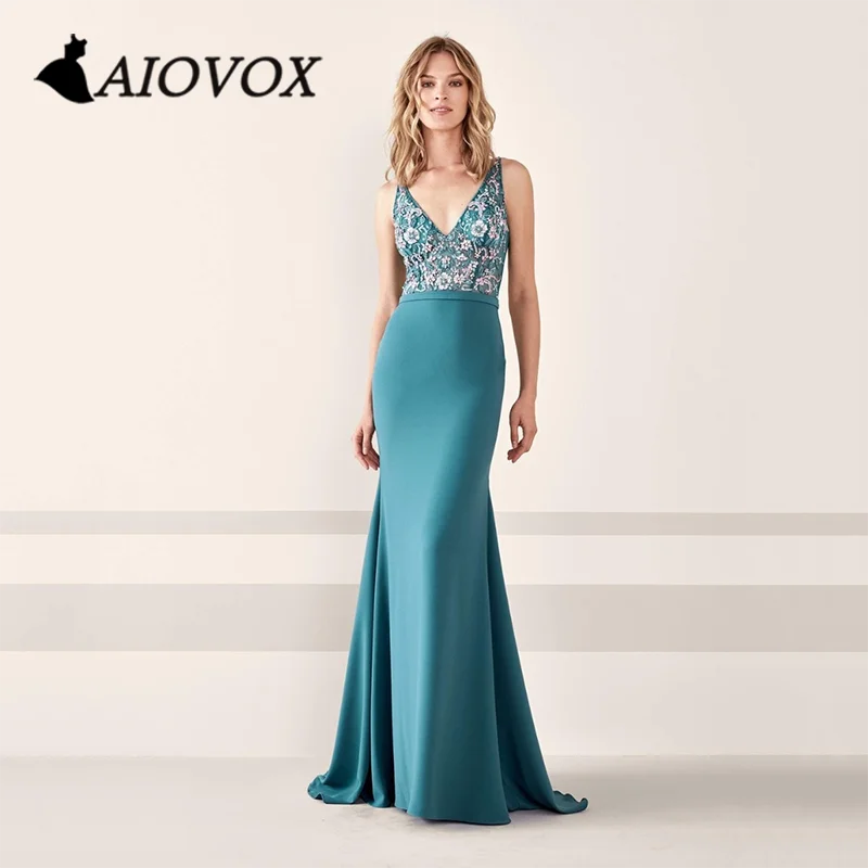 

AIOVOX V-neck Beaded Formal Prom Dresses Rhinestone Appliques Mermaid Evening Dress Illusion Back Vestido De Noche for Women