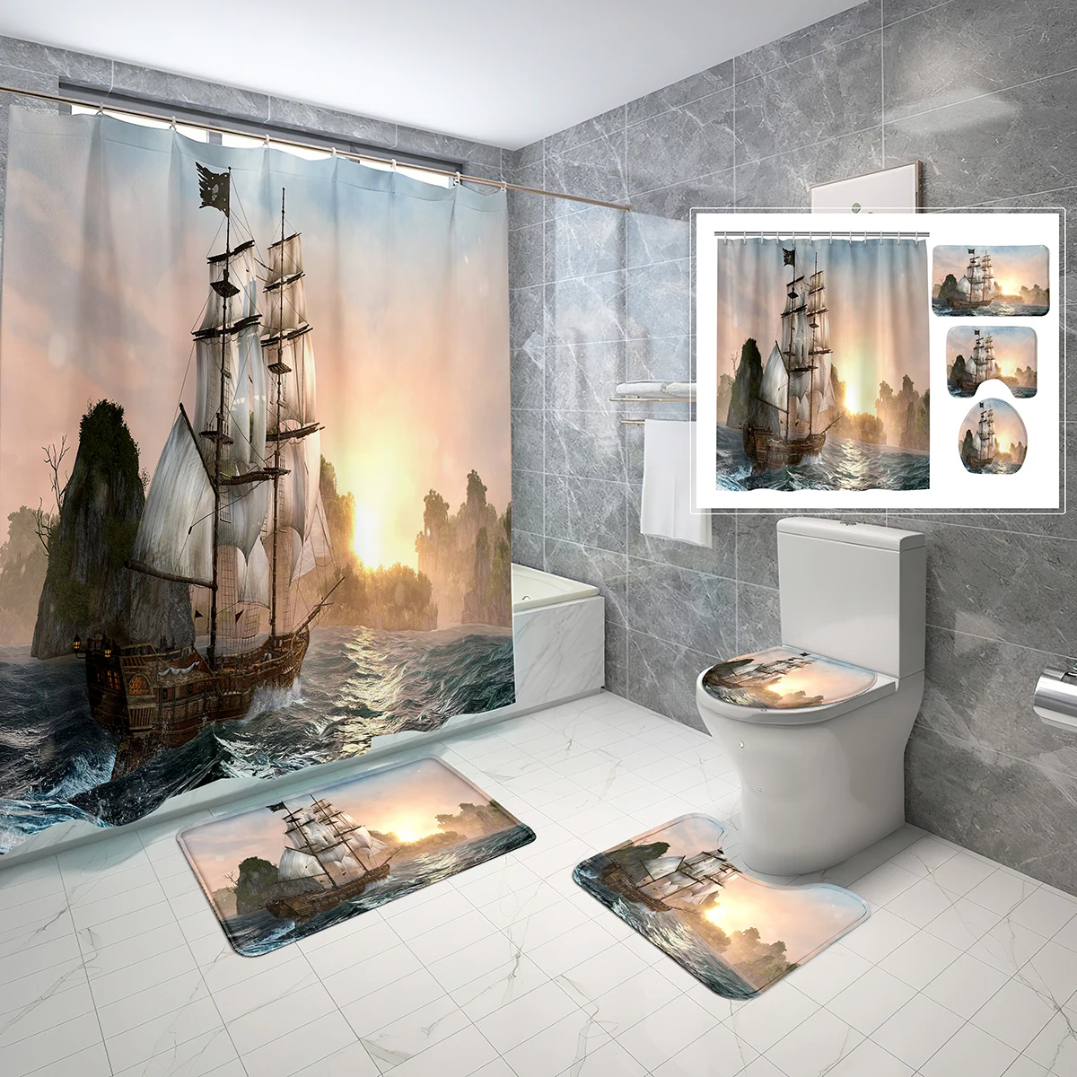 

Pirate Ship Shower Curtain Sets with Non-Slip Bath Mat Toilet Lid Cover and Sailboat Ocean Sea Sunset Bathroom Curtain Cover Set