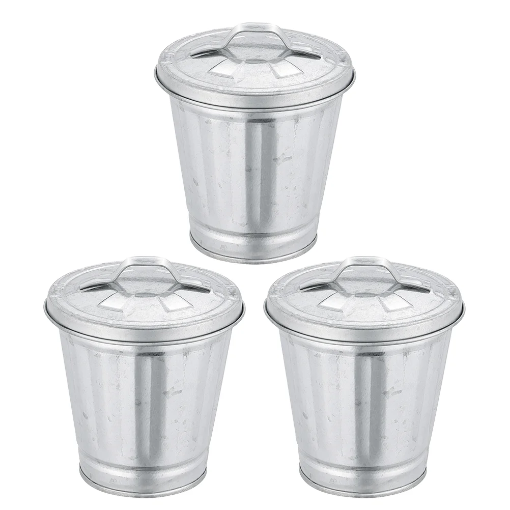 

3 Pcs Mini Trash Can Small Metal with Lid Waste Container Flowerpot Cover Iron Lovely Garbage Bin Flowerpots Lids