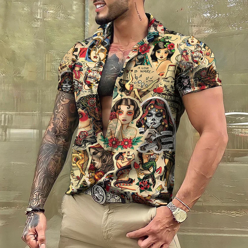 

Summer Tattoo Shirt Hawaiian Shirts For Men Brand Short Sleeve Tops Tees Casual Men's Blouse Fashion Camisas De Hombre Clothing