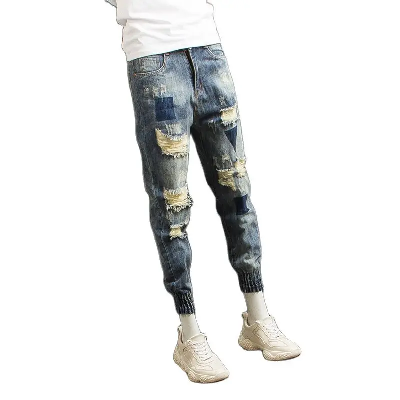 

Wholesale 2022 TeenagersDenim Jeans Men's Brand Thin Hole-breaking Beam-leg Pants Social Spirit Guy Feet Retro Beggar Pants