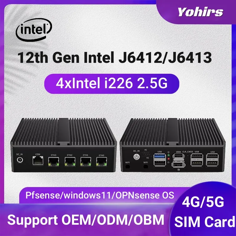 12th Gen N100 Industrial Fanless Mini PC J6412/J6413 pfSense Firewall 4xIntel 2.5G i226 LAN 4G 5G Dual Sim Car OPNsense PVE ESXi