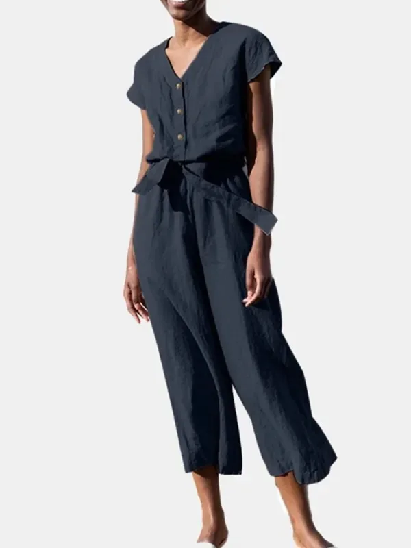 Jumpsuit Women 2023 Solid Color V Neck Short Sleeve Lace-up Playsuit Overall Casual Ladies Elegant Loose Long Pants Rompers