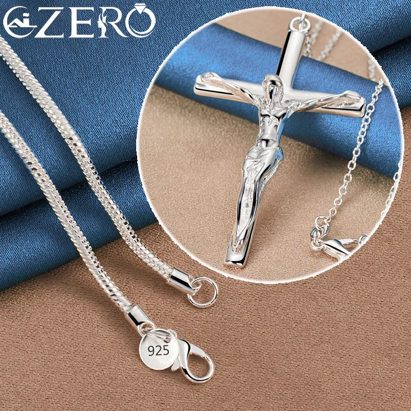 925 Sterling Silver 40-75cm Snake Chain Jesus Cross Pendant