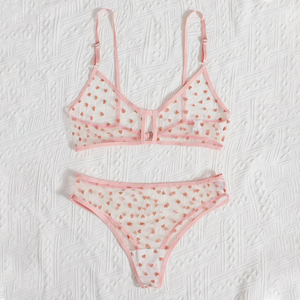 Women Sexy Sheer Lingerie Set Ultra-thin Mesh See-through Erotic Underwear Heart Shape Cute Bra Set Cute Seamless Nightwear