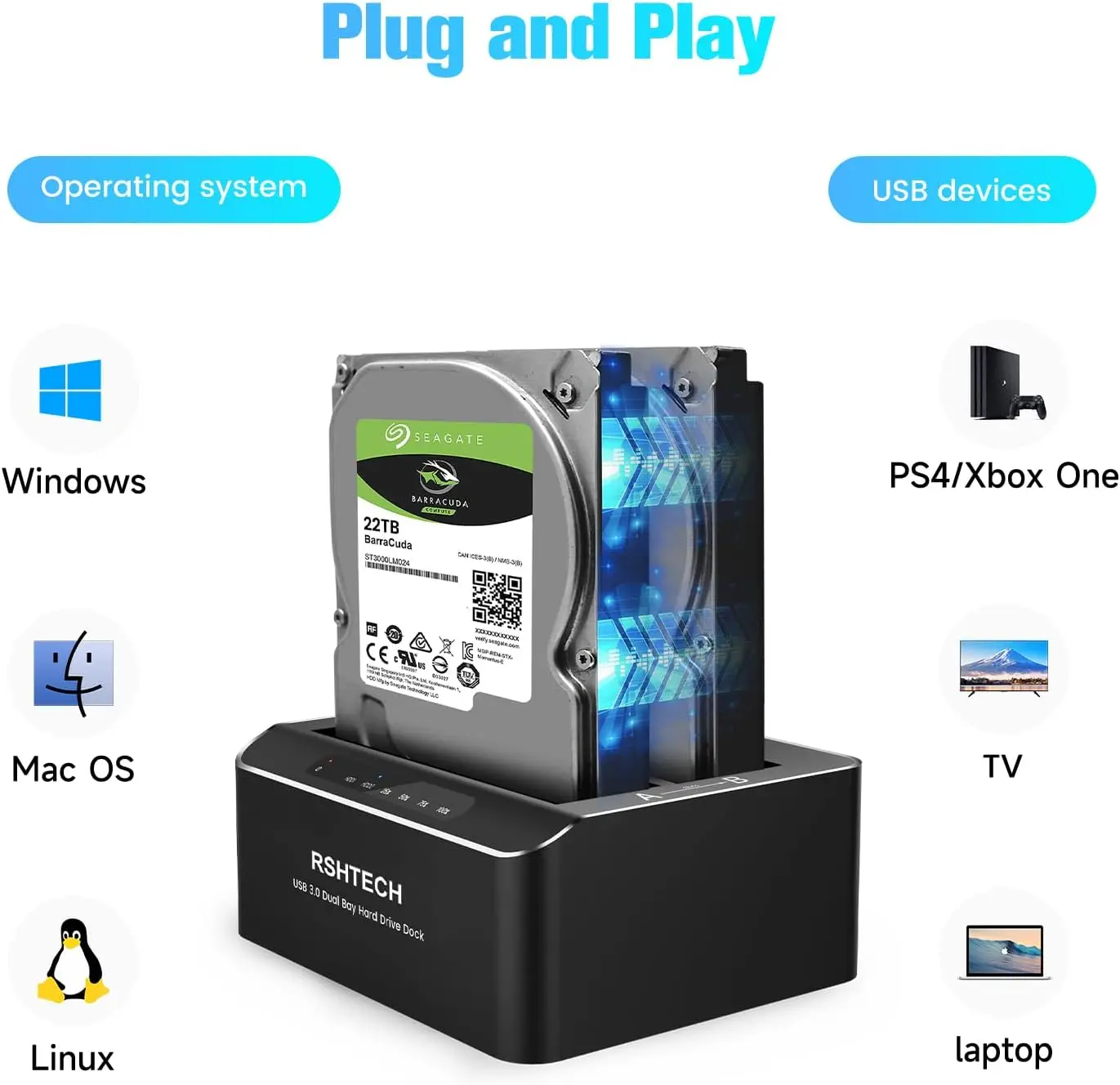 Hard Drive Docking Station Dual Bay Aluminum External 2.5 & 3.5 inch SATA HDD/SSD Enclosure