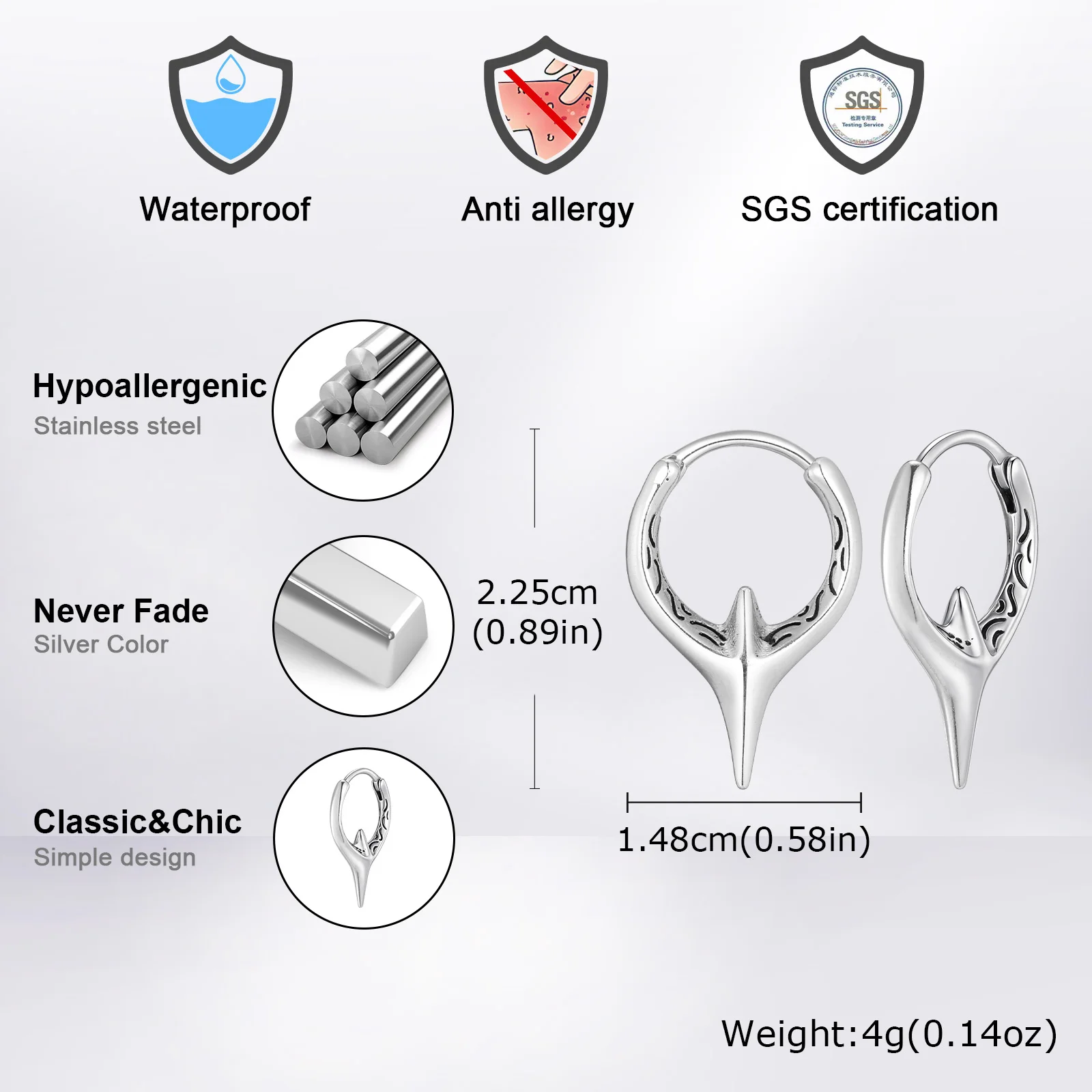 Stainless Steel Huggies Earring for Men Boys,Punk Silver Color Hoop Earring,Perforable Earring
