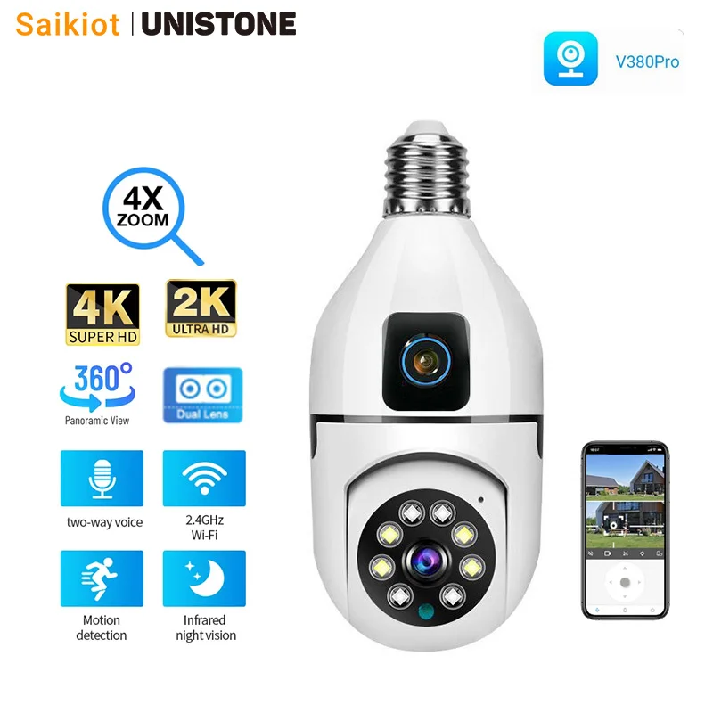 Saikiot V380 4Mp 8Mp 4K E27 360 Lampadina Wifi Dual Lens Camera Lampadina Colore Visione Notturna Cctv Security Ip Indoor Dual Lens Bulb Camera