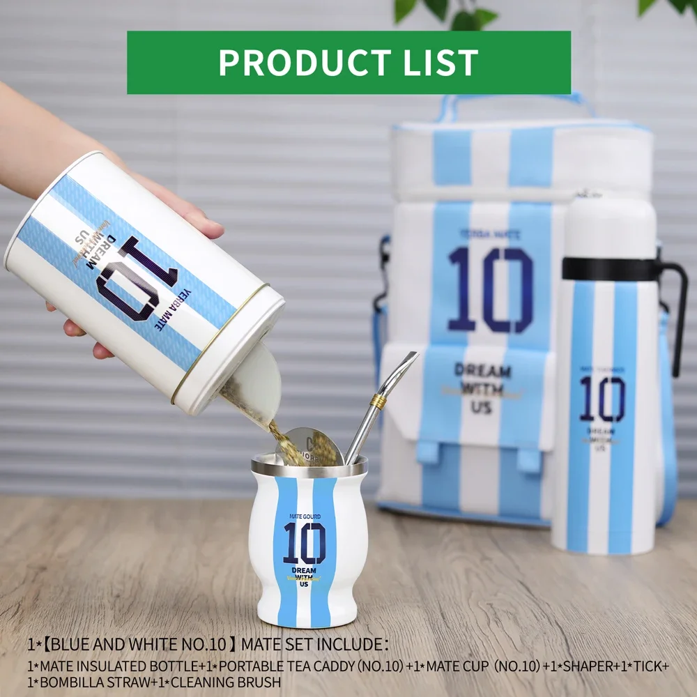 Complete Yerba Mate Kit-Includes Mate Cup, Straw (Bombilla), 1000ml Thermos, Bag, Container Yerbero-Argentina Captain NO.10