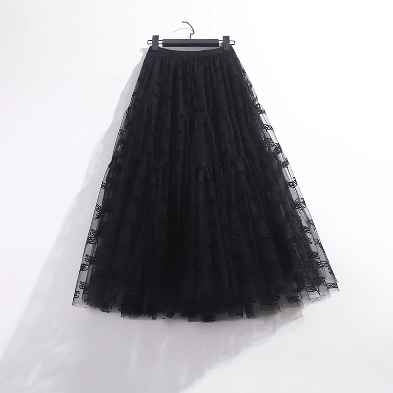 Vintage Printing Tulle Skirt Women Elastic High Waist Mesh Skirts Long Pleated Tutu Skirt Female Jupe Longue 170mesh 68t 55um 145 310cm 1 5 10 30meters white polyester silk screen printing mesh mesh for screen printing