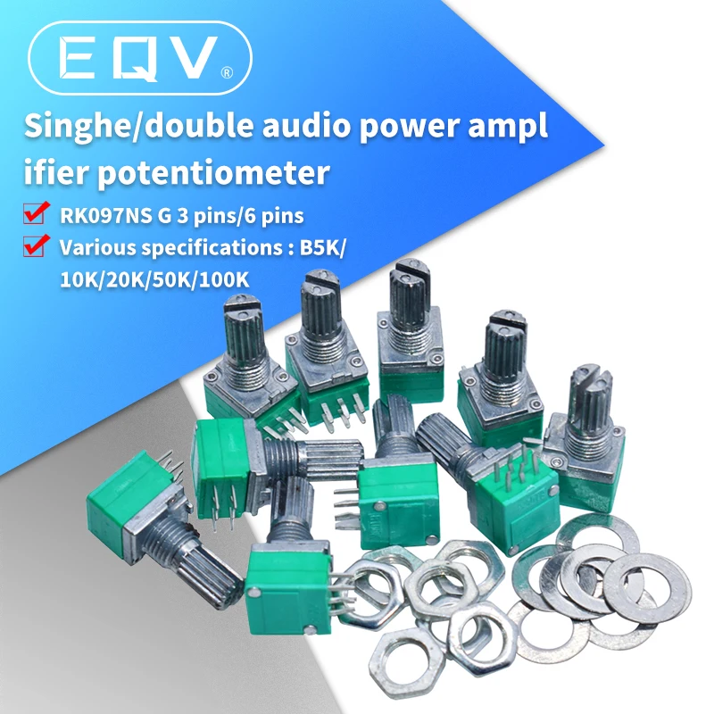 10pcs/lot RK097G 6Pin 5K 10K 20K 50K 100K B5K switch audio shaft 15mm amplifier sealing potentiometer multiturn potentiometer linear potentiometer rotary potentiometer trimmer potentiometer