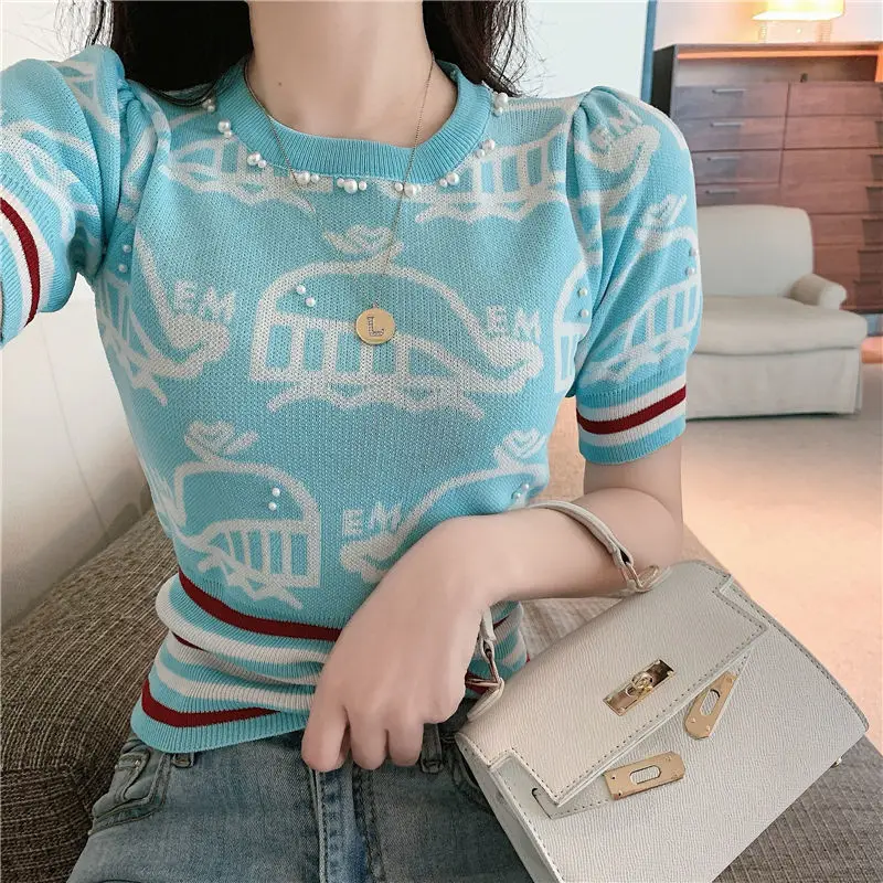 women winter green stripped sweater patchwork striped sweater green long sleeved round neck knitted pullover tops streetwear Spring Summer Short-Sleeved Knitted Round Neck 2022 Cute Striped Thin Sweater Sweet Women's Pullover