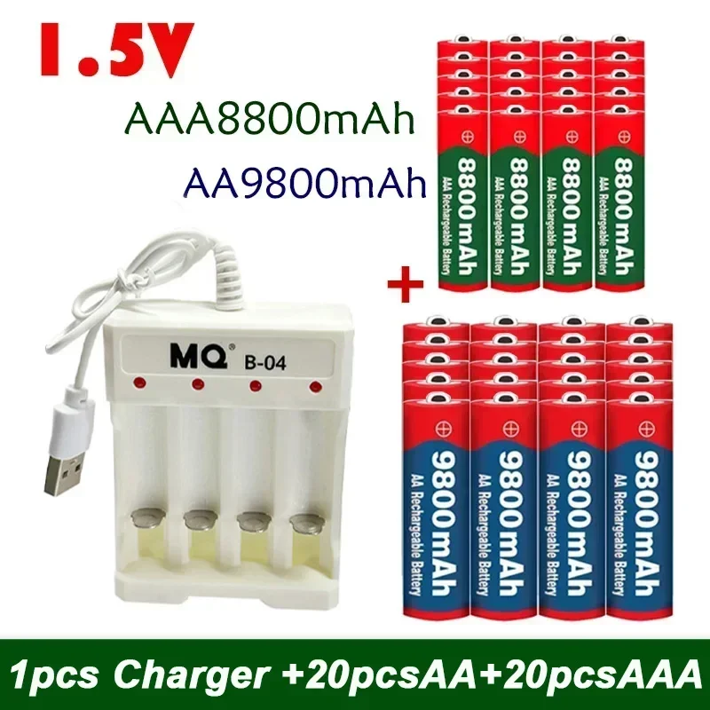 충전식 배터리, AAA 8800Mah + AA 9800 Mah, 플러스 충전기 세트, 알칼리 기술, 리모컨, 면도기에 적합, 1.5V, 신제품