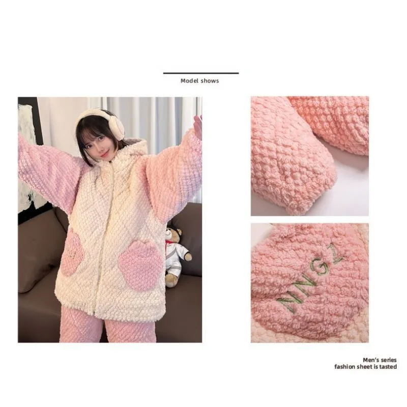 2024 New Popular Winter Three-layer Cotton Sleepwear Girls Warm Pajamas Home Clothes Set Thickened Velvet Coral Loungewear Suit