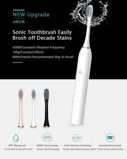 Adult Sonic Electric Toothbrush Ultrasonic Automatic USB Rechargeable IPX7 Waterproof Toothbrush Replaceable Tooth Brush Head 5