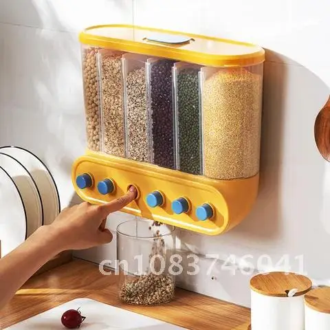 

Wall Mounted Cereals Dispenser Kitchen Food Storage Containers Rice Grains Dispenser Transparent Separate Sealed Storage Jars