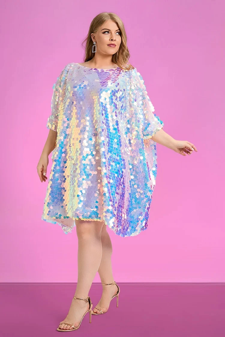Design Plus Size Party Reflective Sequin Batwing Sleeves One Shoulder Mini Dress