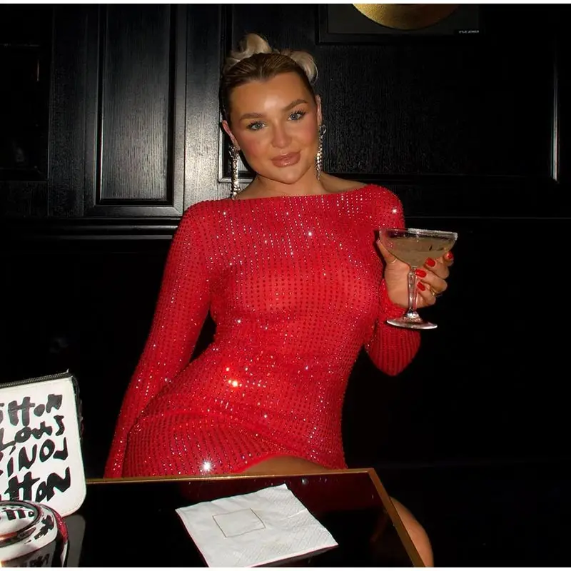 Sexy Sequins Backless Red Christmas Mini Dress Shiny O-neck Long Sleeve Dresses Female New Lady Slim Party Club Gowns