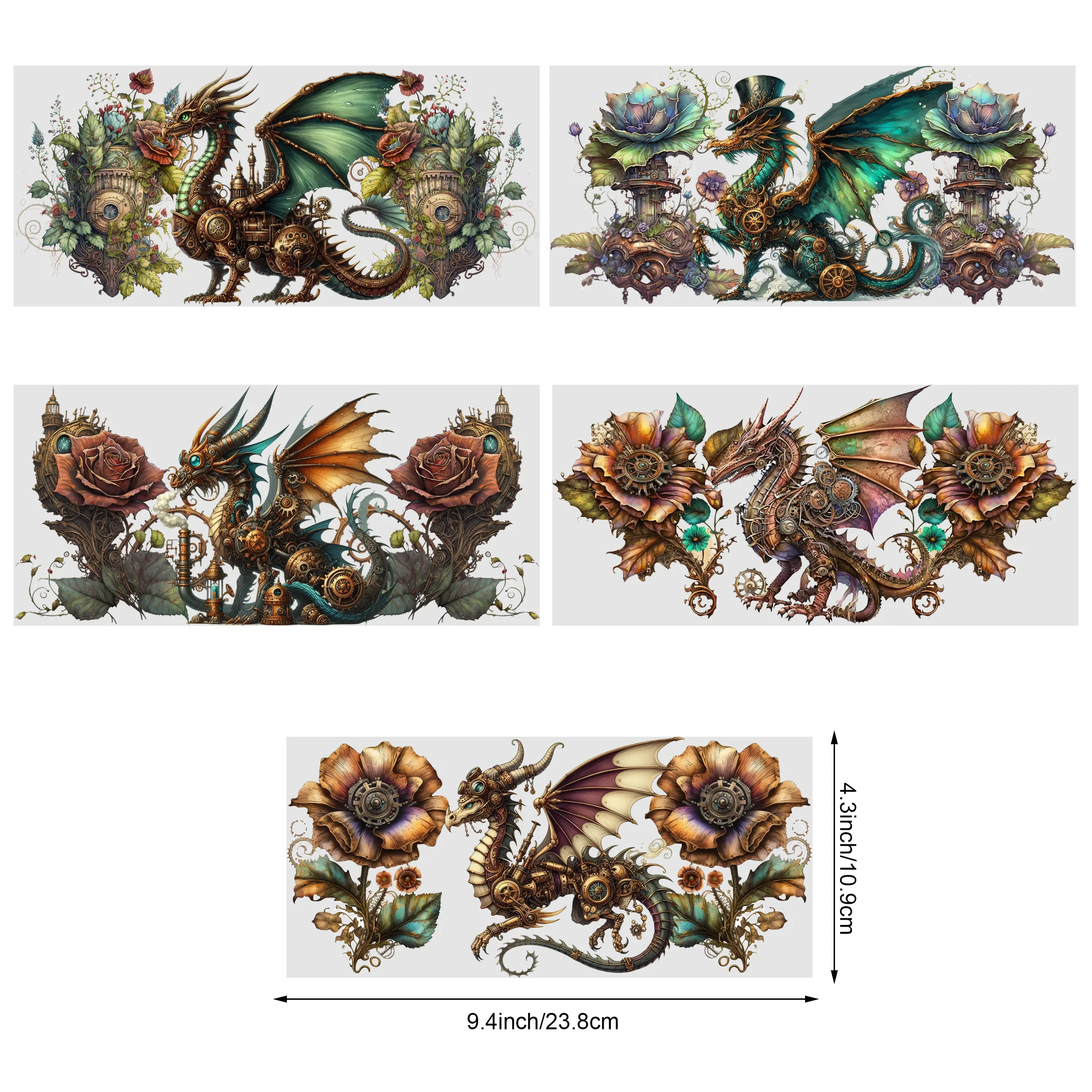 Steampunk Dragon Pattern UV DTF Cup Stickers 5sheets Waterproof Sticker Pack For Decorating Mugs Cups Bottles School Supplies