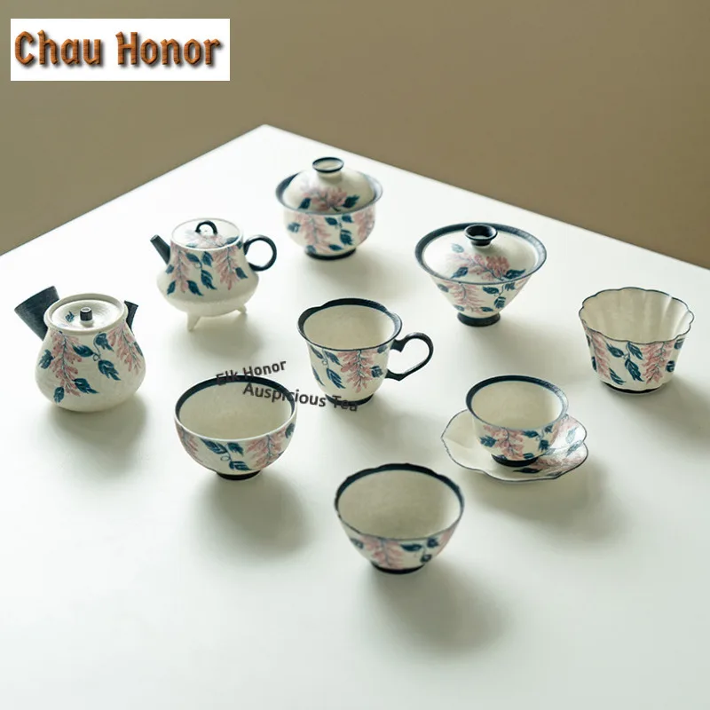 100ml Hand-painted Wisteria Flower Gaiwan Boutique Tea Tureen Tea Bowl with Lid Kit Tea Maker Cover Bowl Tea Items Decoration