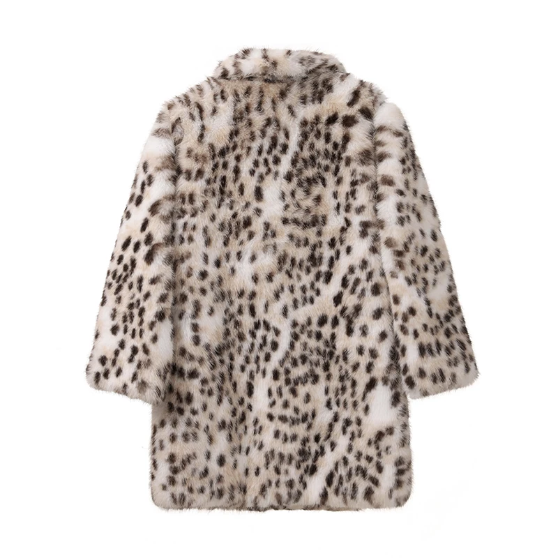 Winter Brown Leopard Fluffy Faux Fur Coat Women Luxury Stand Fur Collar Fox Fur Outerwear Jacket Female Overcoats