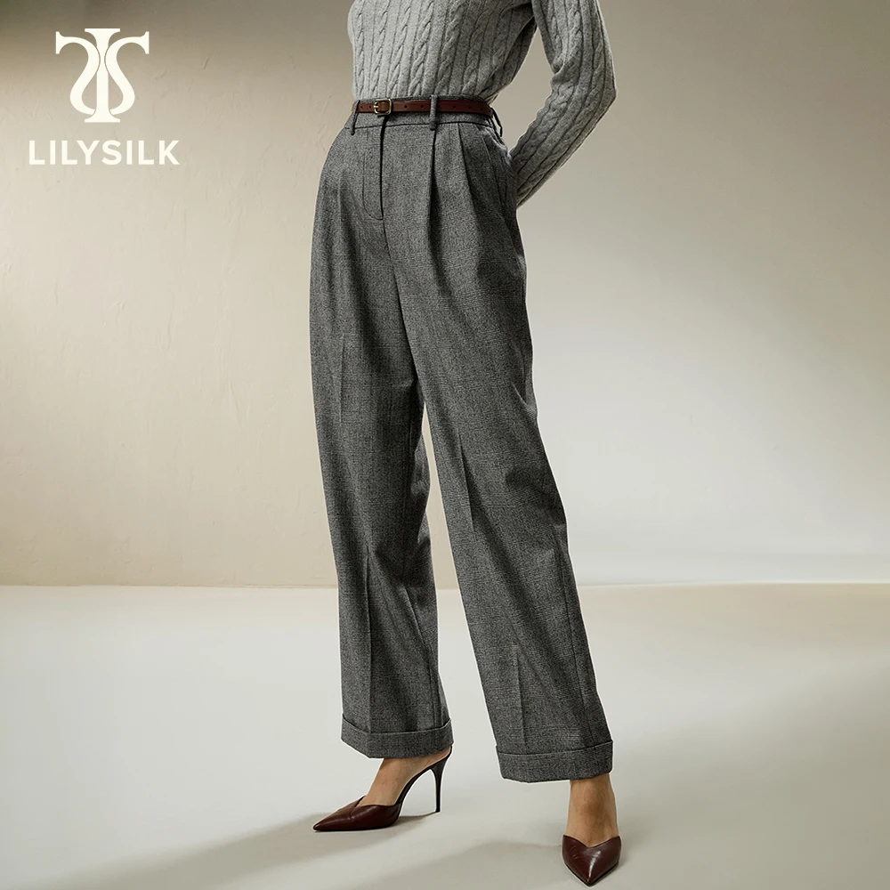 LILYSILK Wool Pants for Women 2023 Fall New Pocket Design Plaid Wide Trousers Office Lady Vintage Essentials traf Free Shipping lilysilk women 22 momme silk blazer 2022 new femme flared sleeve lace up coat with shoulder pads office essentials free shipping