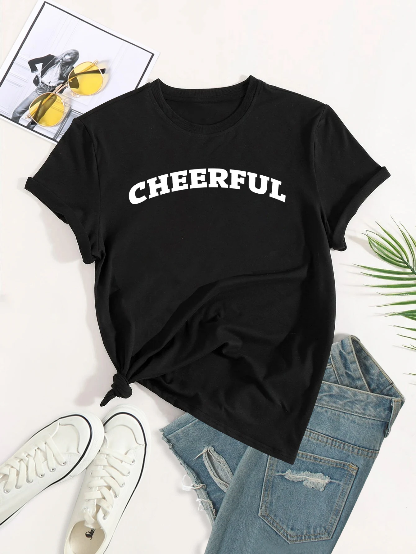 Camiseta de talla grande 'Cheerful', camiseta estampada con cuello redondo, camisetas casuales holgadas de manga corta de verano de moda para mujer, camisetas para mujer_voghion.com