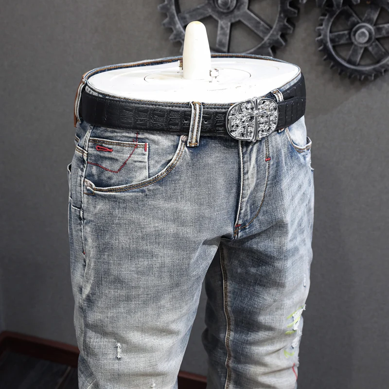 Fashion Vintage Men Jeans High Quality Retro Gray Blue Elastic Slim Fit Ripped Jeans Men Embroidery Designer Hip Hop Pants Homme
