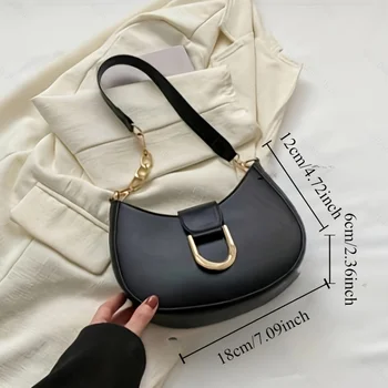 حقيبة كتف أنيقة على شكل هلال أسود للنساء - لون سادة أنيق، جلد صناعي مع مشبك آمن للإغلاق 2