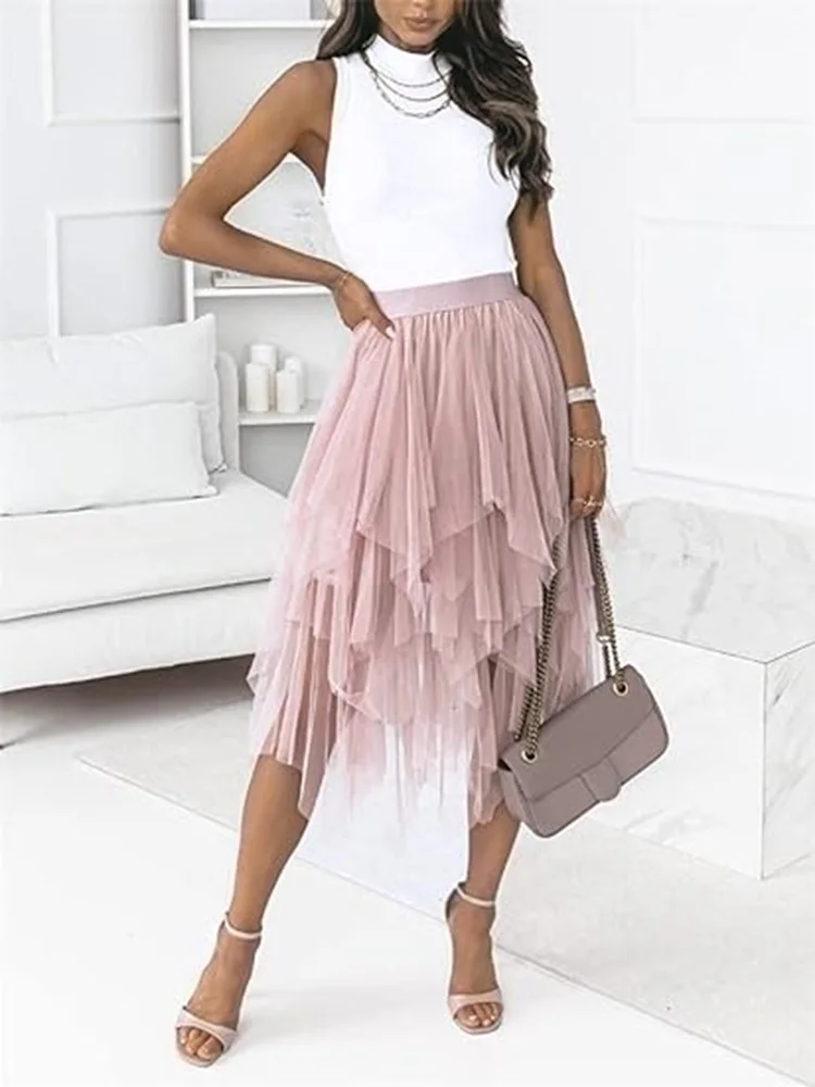 Description Picture 4 of itemTulle Skirts for Women 3 Layered High Low Asymmetrical Midi Length Elastic Waist A-line Mesh Tutu Skirt White Black Pink Gray