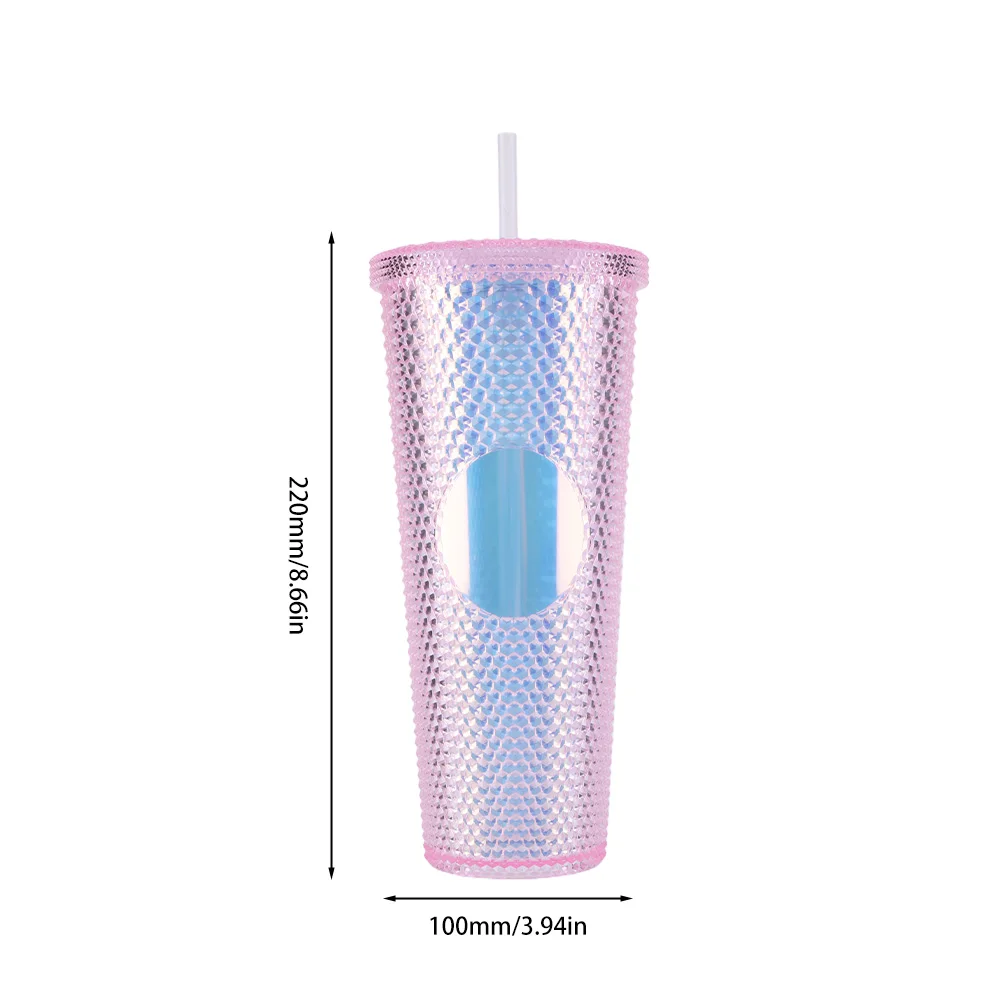 710ml 플라스틱 빨대컵 라인스톤 리벳컵 이중벽 물병 뚜껑 포함 휴대용 텀블러 대용량 가정 및 야외용
