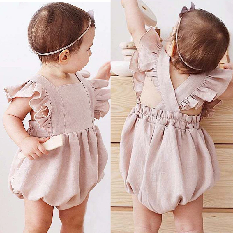 

Baby Girls Summer Bodysuits Solid Color Linen Cotton Onepiece Clothes for Infants Children Lovely Rompers