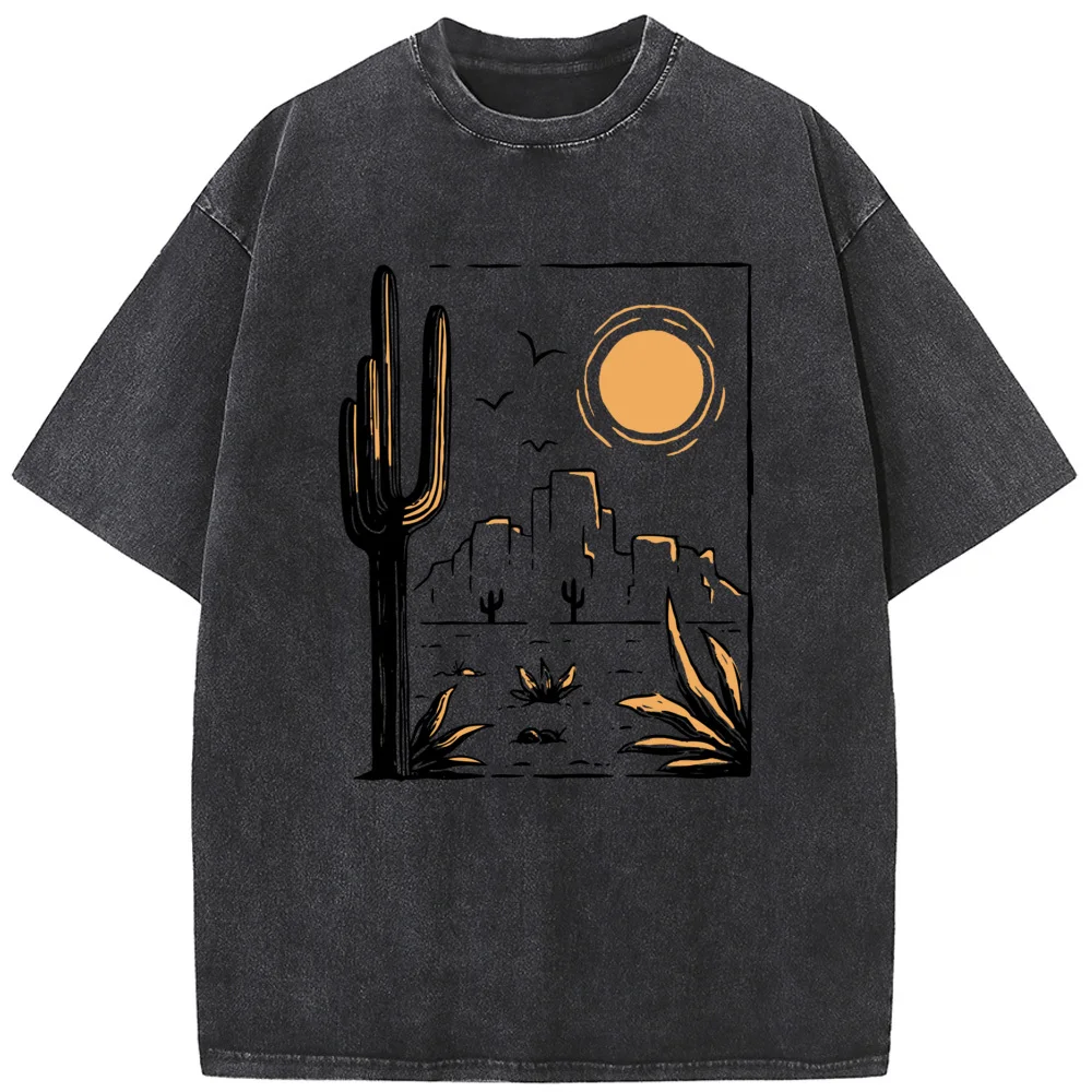 

Однотонная промытая футболка унисекс Desert С КАКТУСОМ, новинка, 230 г, хлопковая летняя отбеленная футболка, забавные повседневные свободные топы с отбеливателем, футболка