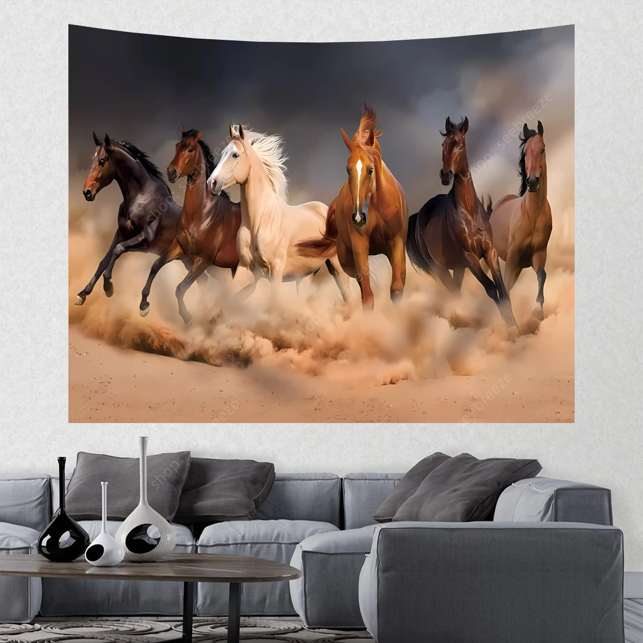 

Six Galloping Horses Run in The Desert Filled with Raging Sand Tapestry Wall Hanging for Bedroom Aesthetics Dorm Decor Sofa Mat