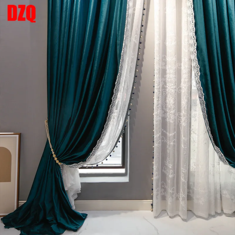 

New Light Luxury Pure Color Velvet Lace Stitching Blackout Curtains for Living Room and Bedroom Customized Products