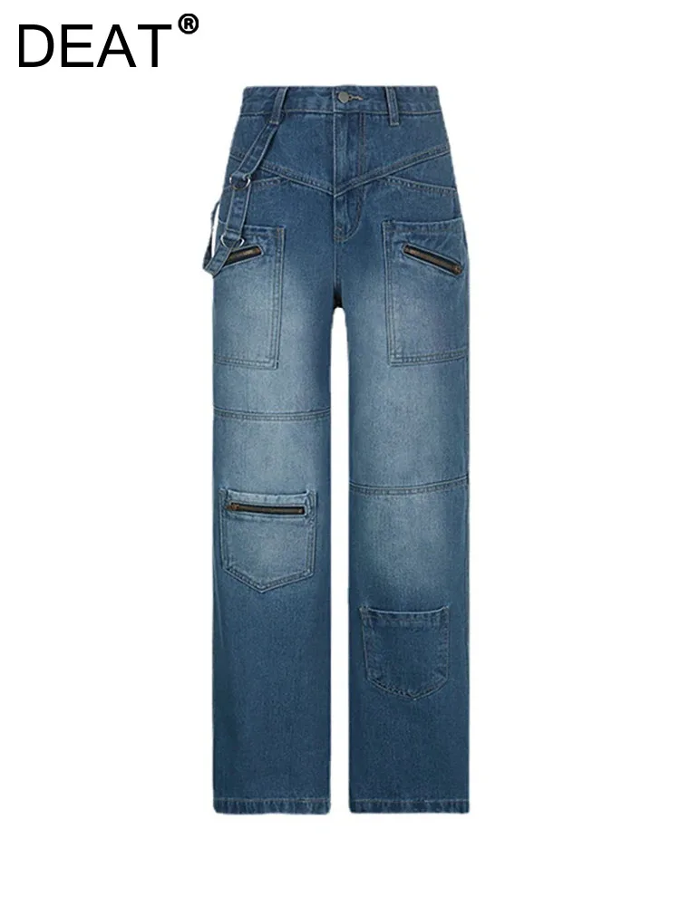 

DEAT Women Jeans High Waist Multiple Pockets Do Old Straight Wide Leg Cargo Zippers Denim Pants 2023 Autumn New Fashion 29L5372