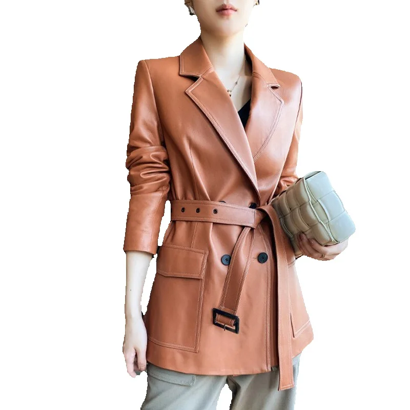 

Дизайнерское повседневное длинное пальто Ju из овечьей кожи, английский стиль, модное женское пальто из высококачественной кожи