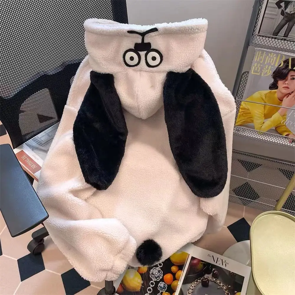 

Женская флисовая куртка с капюшоном, утепленная куртка с имитацией овечьей шерсти, с кроличьими ушками, на осень и зиму