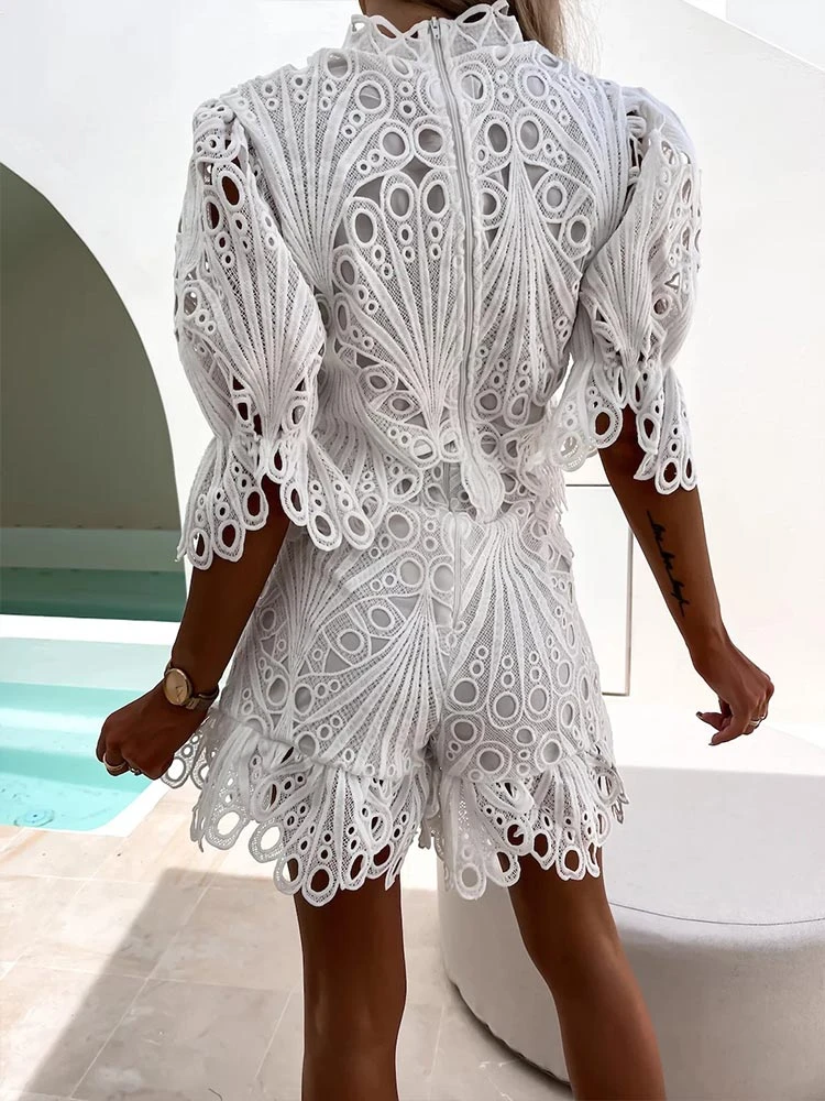 Zwei Stücke Sets Frauen Sexy Spitze Aushöhlen Trainingsanzüge Hemd mit Mini Shorts Mode Outfits Sommer Puff Sleeve Shorts Anzug