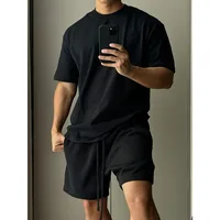 Ensemble Short à manches courtes en pur coton pour hommes, T-shirt ample de sport et de loisirs tendance européenne et américaine 1