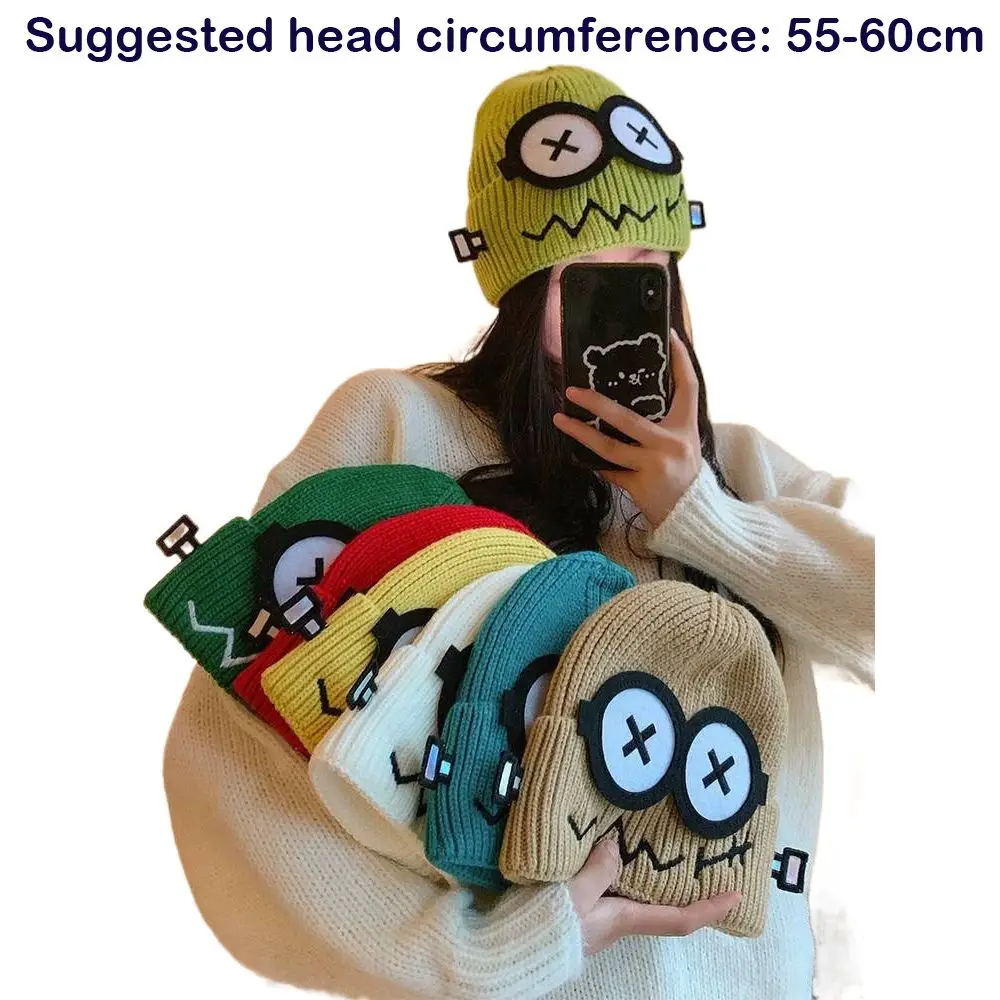 Cute Unisex Cuff Beanie Cap Cartoon Big Eyes Pattern Candy Color Knitted Hat Warm Ear Protection Hat 6